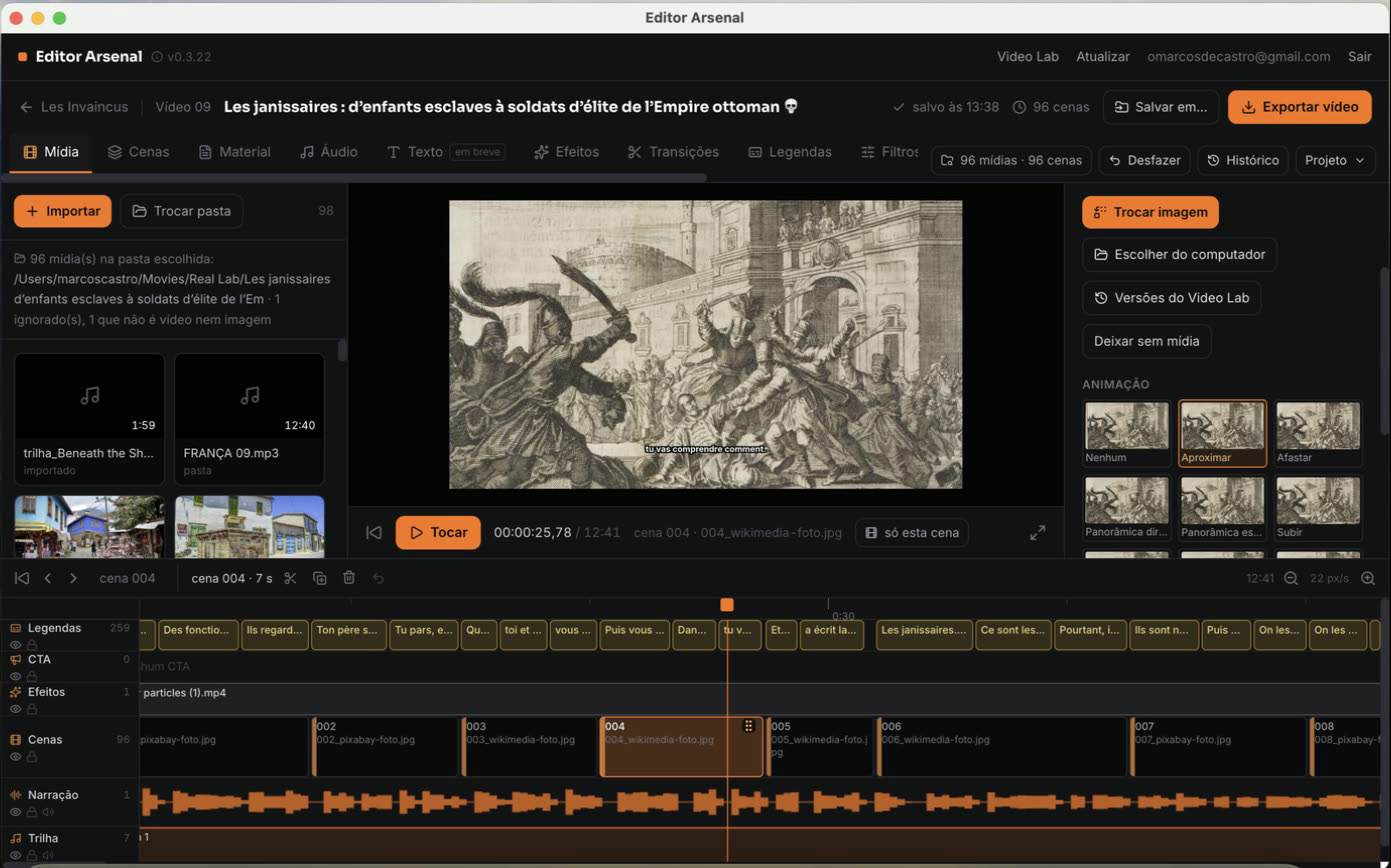O mesmo projeto dos janízaros aberto no Editor Arsenal: 96 mídias, 96 cenas, legendas e narração na linha do tempo