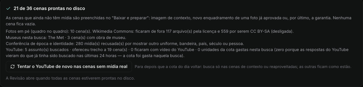 Tela real do Real Lab com o resumo do passo Mídia e a frase Nenhuma cena fica vazia
