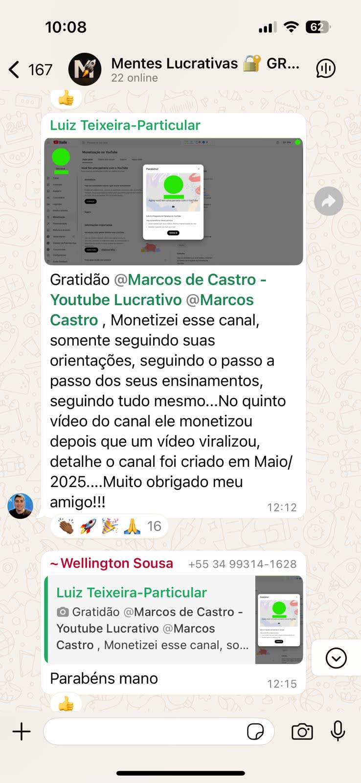 Depoimento de aluno enviado no WhatsApp