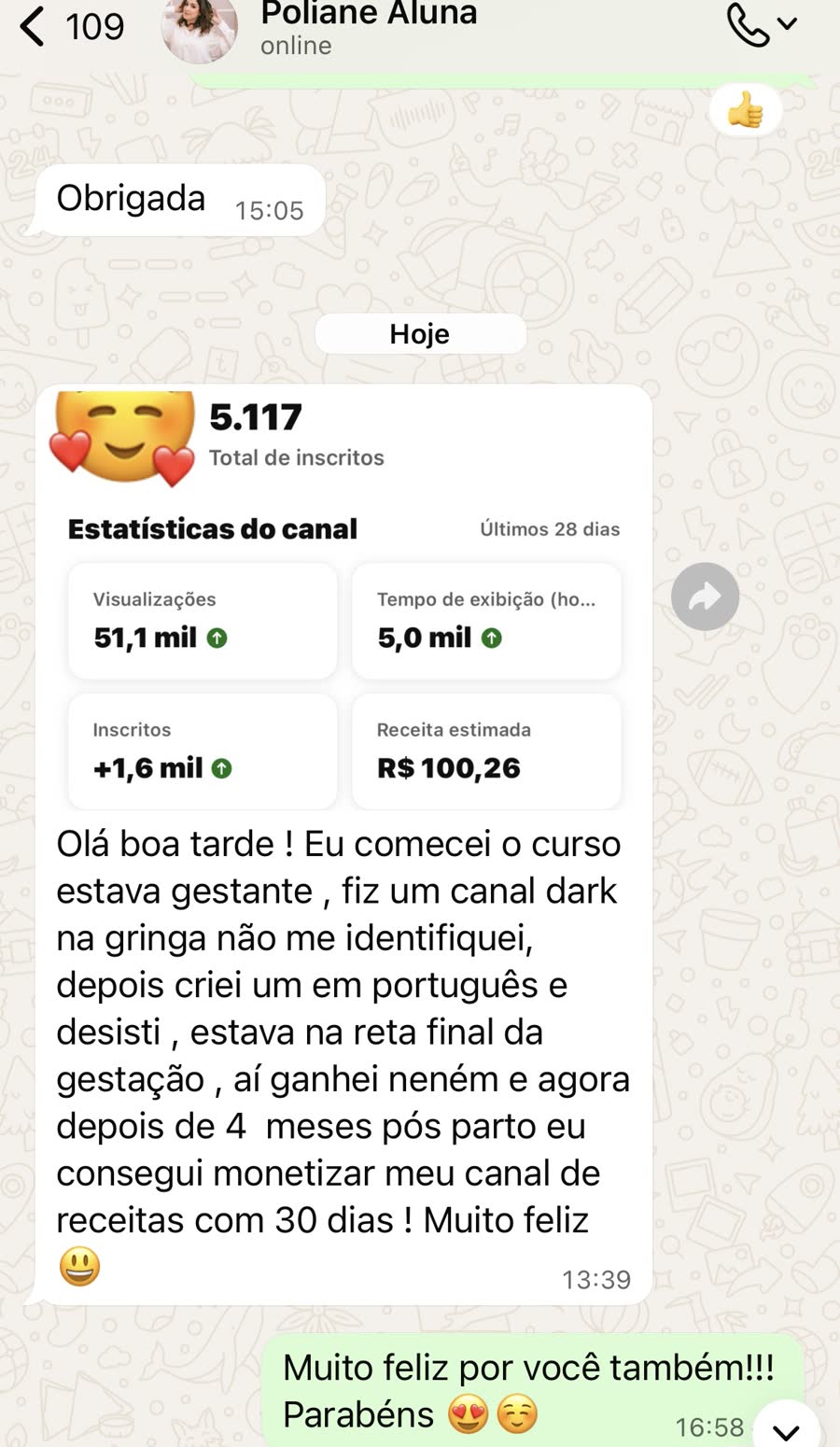 Depoimento de aluno enviado por mensagem